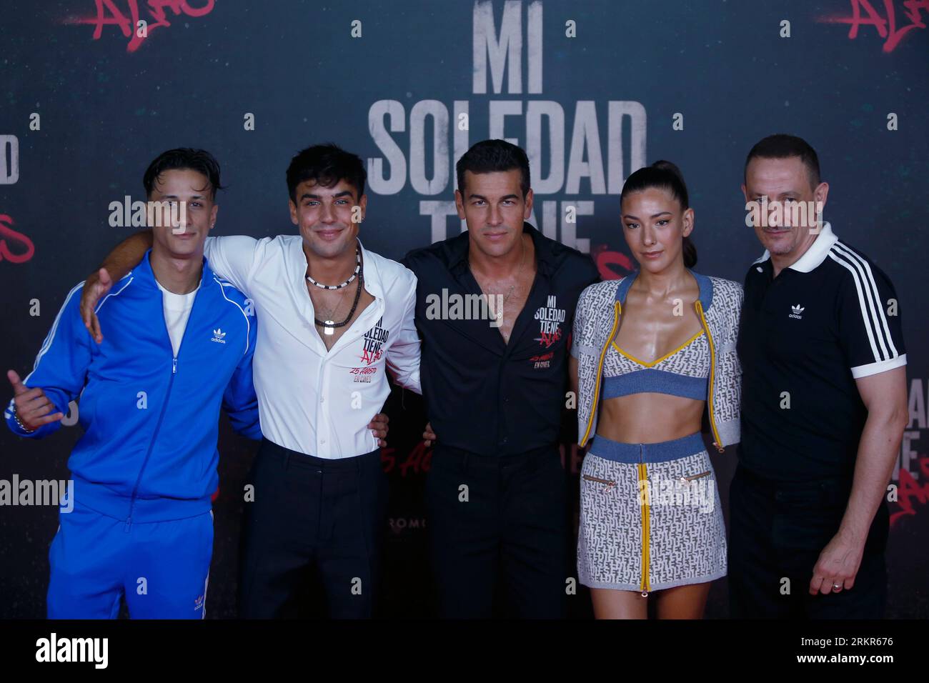 August 23, 2023, Madrid, Madrid, Spain: The Spanish actors from left to right, Farid Bechara (L), Oscar Casas (2L), Mario Casas (C), Candela Gonzalez (2R) and Francisco Boira (R), pose during a photocall for the media, on Wednesday, August 23, 2023, prior to the premiere of the film 'Mi soledad tiene alas', in Madrid (Spain). Mario Casas, winner of a Goya for best leading actor for the film 'No mataras', makes the leap into production and directing with his first film 'Mi soledad tiene alas', which will be released in theaters on August 25. The film, set in the neighborhoods where the director Stock Photo