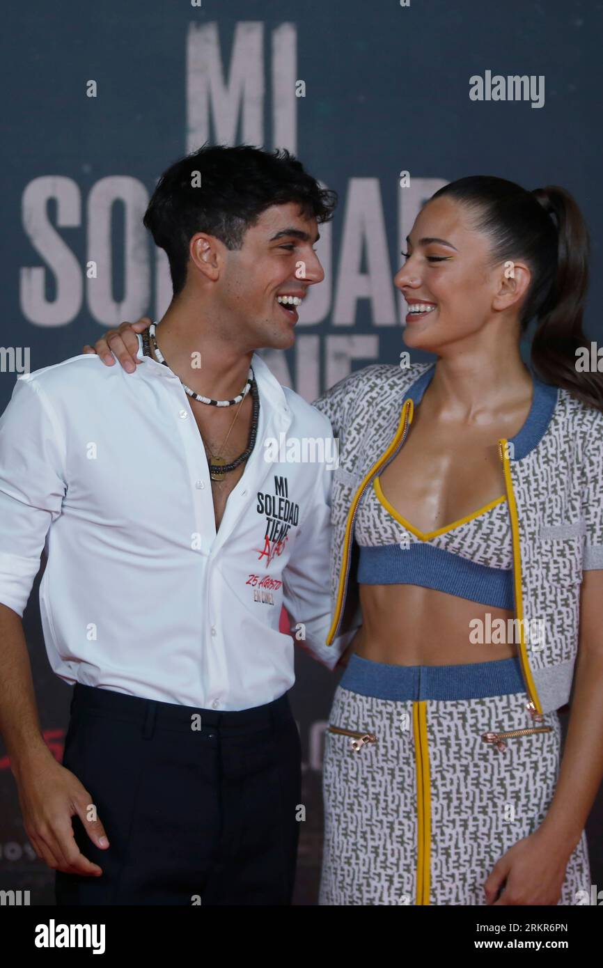 August 23, 2023, Madrid, Madrid, Spain: The Spanish actors Oscar Casas (L) and Candela Gonzalez (R), pose during a photocall for the media prior to the premiere of the film 'Mi soledad tiene alas', in Madrid (Spain). Mario Casas, winner of a Goya for best leading actor for the film 'No mataras', makes the leap into production and directing with his first film 'Mi soledad tiene alas', which will be released in theaters on August 25. The film, set in the neighborhoods where the director spent his childhood, follows a group of kids who live life on the edge and rob jewelry stores until something Stock Photo