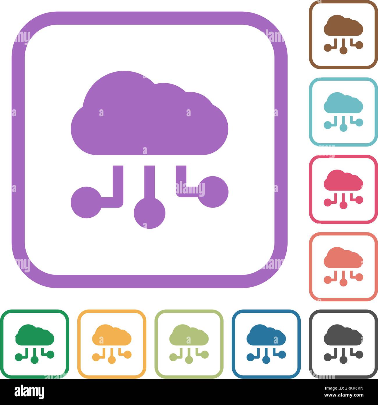 Cloud connections solid simple icons in color rounded square frames on white background Stock Vector
