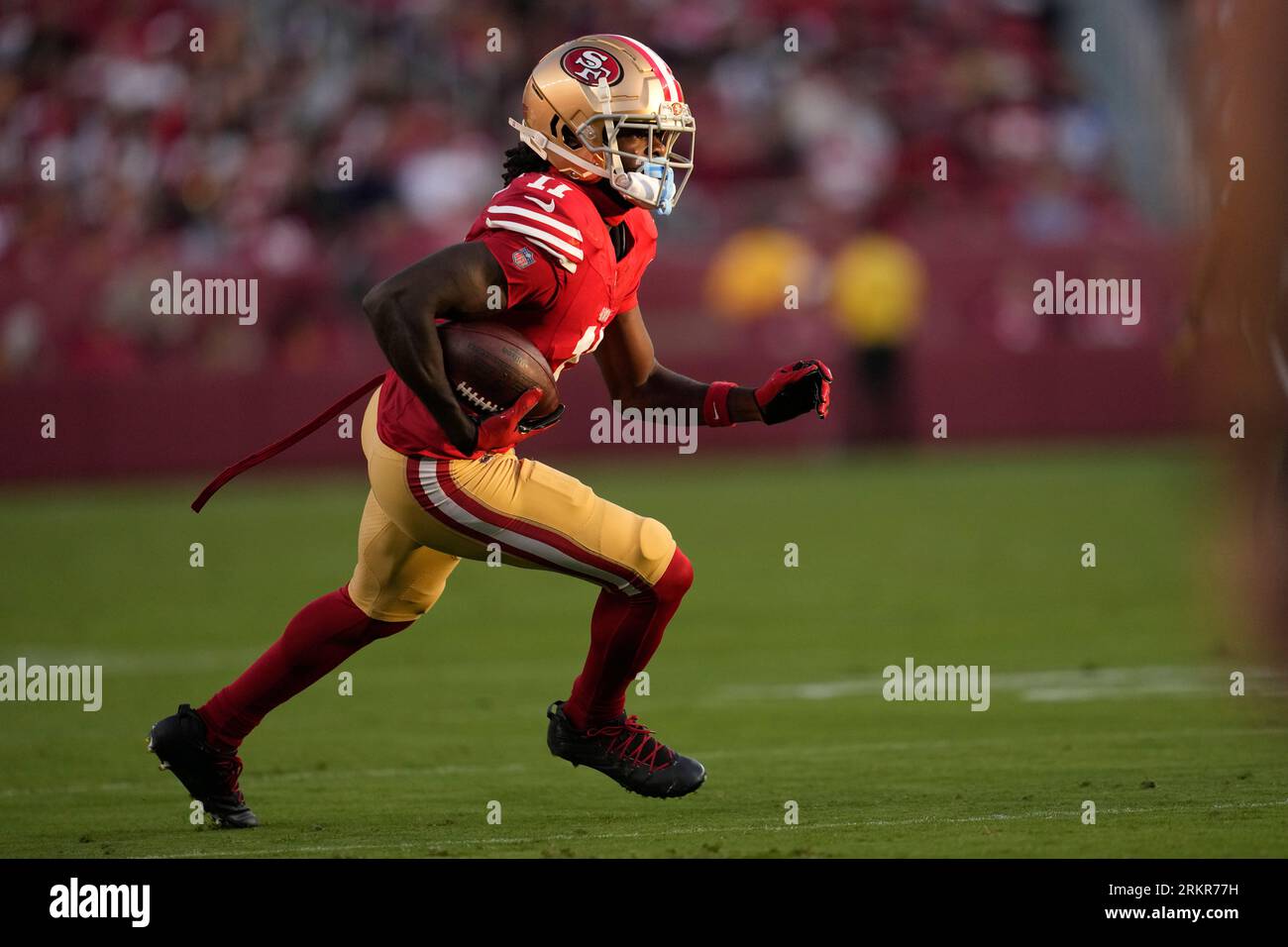 San Francisco 49ers wide receiver Brandon Aiyuk runs against the Los  Angeles Chargers during the first half of a preseason NFL football game  Friday, Aug. 25, 2023, in Santa Clara, Calif. (AP