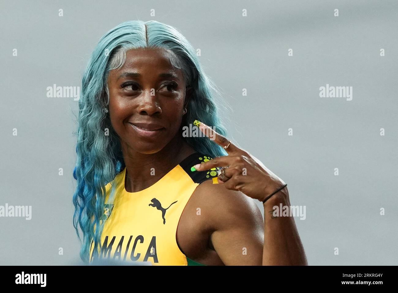 Budapest, Hungary. 25th Aug, 2023. Shelly-Ann Fraser-Pryce of Jamaica reacts after her team advancing to the women's 4X100 meters relay final during the World Athletics Championships in Budapest, Hungary, Aug. 25, 2023. Credit: Zheng Huansong/Xinhua/Alamy Live News Stock Photo