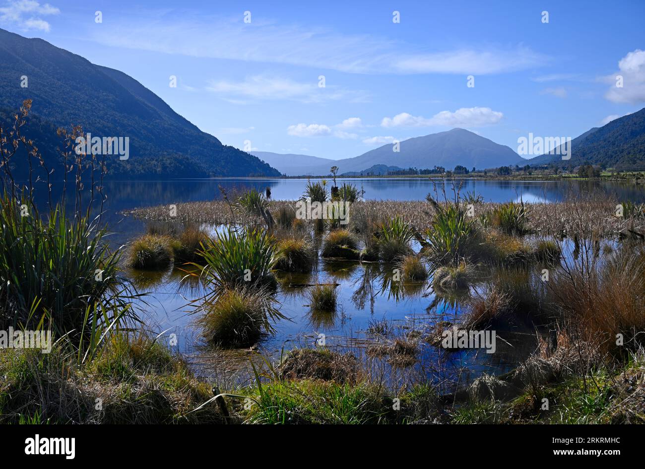 Beautiful Lake Brunner, West Coast, New Zealand in Spring. Famous for boating and Trout fishing. Stock Photo