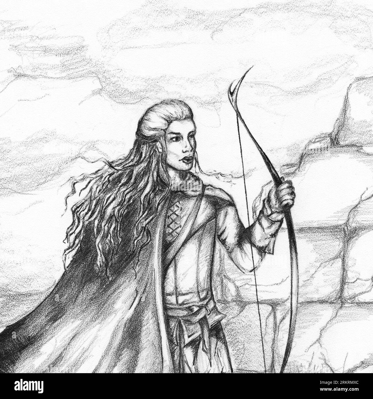 Medieval archer hunter bowman monochrome pencil sketch. Stock Photo