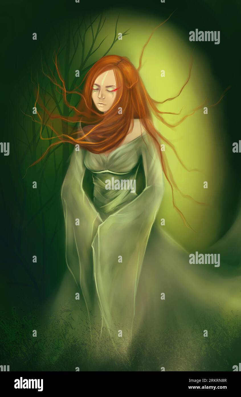 Ginger girl green dress wood forest digital art Stock Photo - Alamy