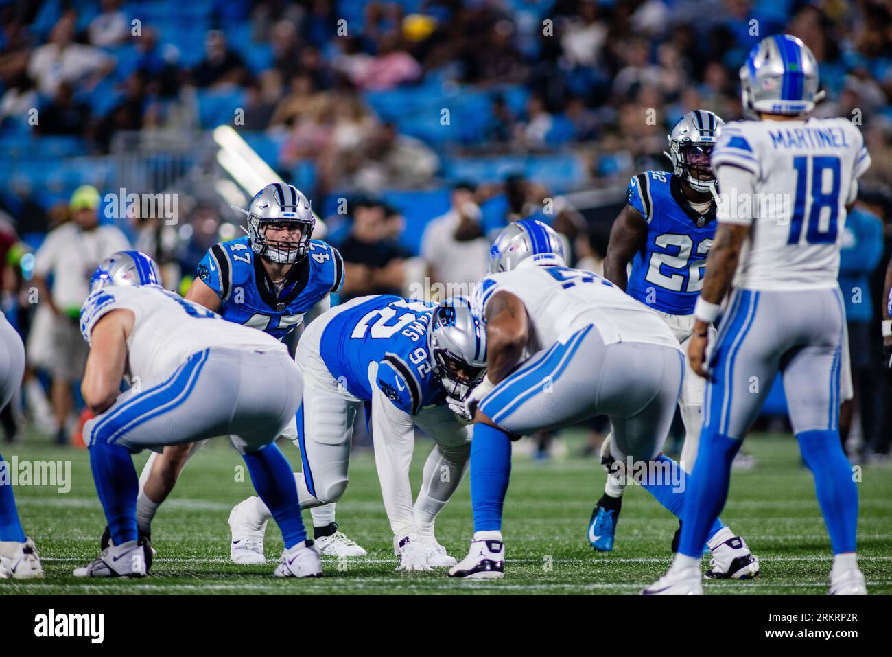 August 25, 2023: Carolina Panthers linebacker Bumper Pool (47) watches Detroit Lions quarterback Adrian Martinez (18) during the third quarter of the NFL matchup in Charlotte, NC. (Scott Kinser/Cal Sport Media) (Credit Image: © Scott Kinser/Cal Sport Media) Stock Photo