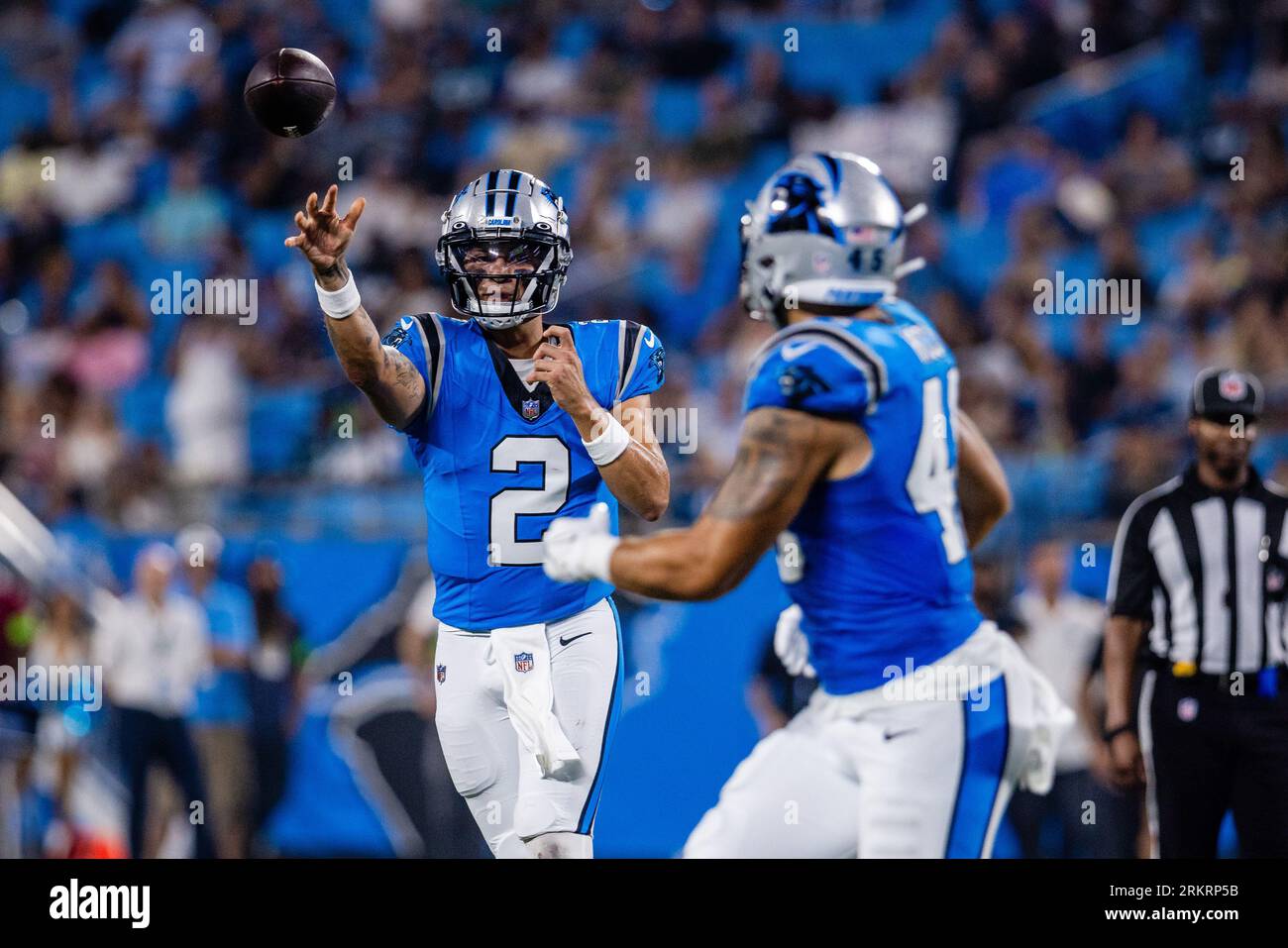 Carolina Panthers quarterback Matt Corral (2) looks over the defense during  an NFL preseason football game against the New York Jets, Saturday, Aug.  12, 2023, in Charlotte, N.C. (AP Photo/Brian Westerholt Stock