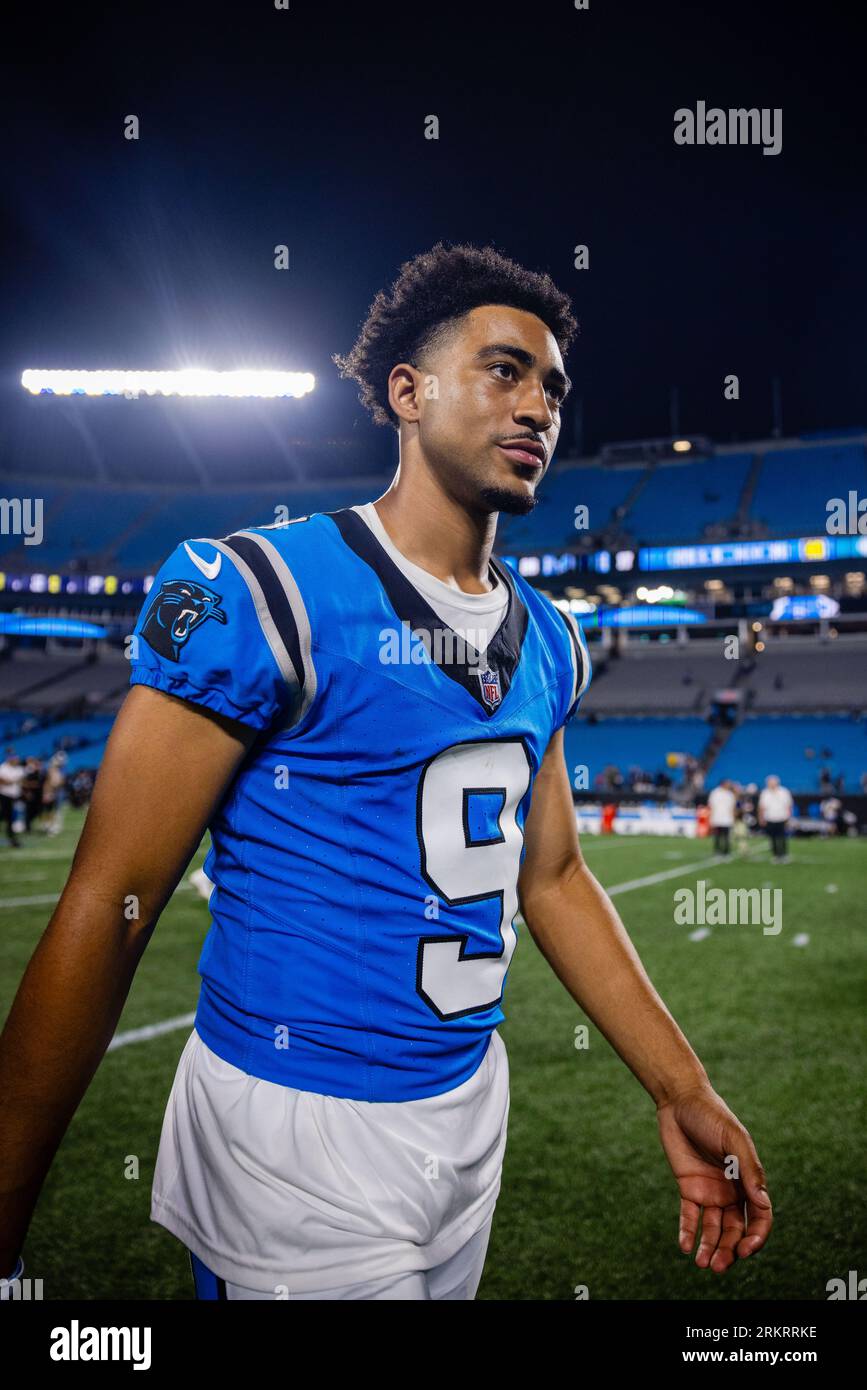 Carolina Panthers quarterback Bryce Young (9) walks off the field after an  NFL preseason football game against the New York Jets, Saturday, Aug. 12,  2023, in Charlotte, N.C. (AP Photo/Jacob Kupferman Stock