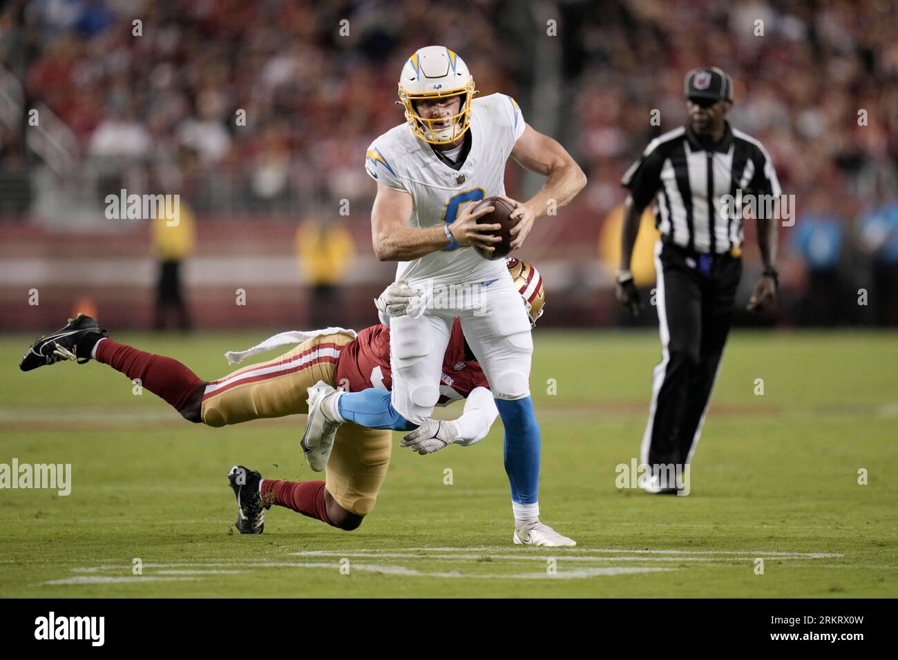 San Francisco 49ers linebacker Dee Winters (53) runs on the field during an  NFL football game against the Los Angeles Chargers, Friday, Aug. 25, 2023,  in Santa Clara, Calif. (AP Photo/Scot Tucker