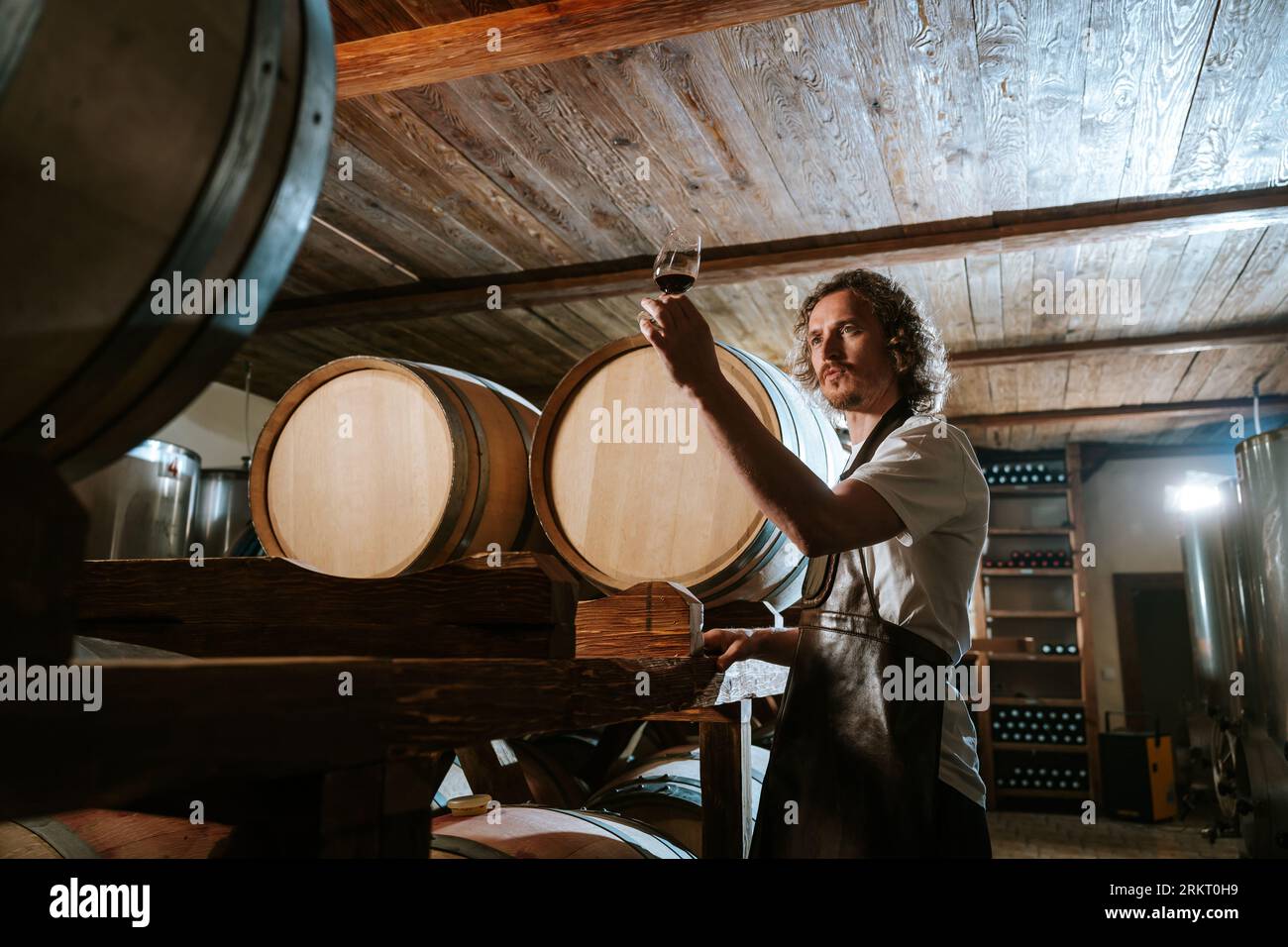 Winemaker tasting wine in a cellar with wooden barrels Stock Photo - Alamy