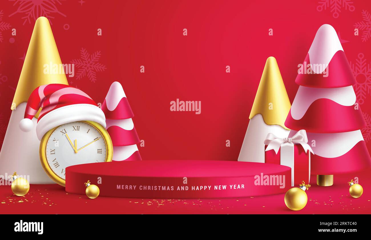 Christmas podium vector banner design. Merry chritsmas greeting text with pine tree, fir tree, hat and clock decoration elements in stage background. Stock Vector