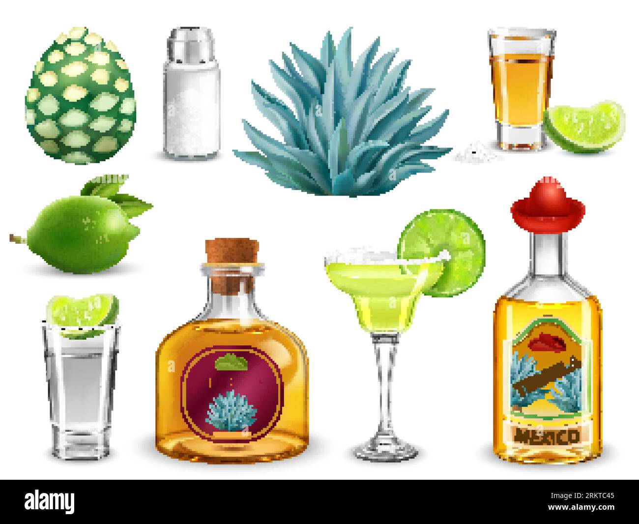 Tequila mexican strong alcoholic beverage in bottles and glasses