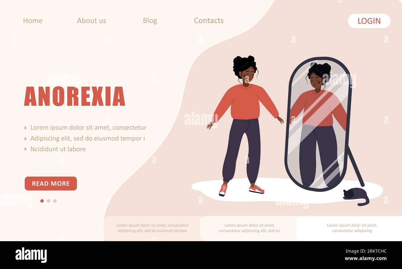 Anorexia landing page template. Slim african woman looking herself fat in mirror and feel insecure human. Rejection of yourself. Girl with mental Stock Vector