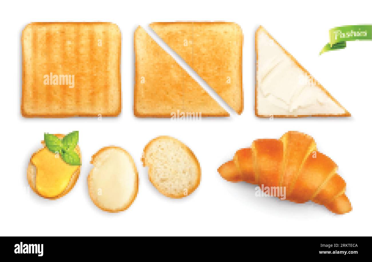 Breakfast pastries set with isolated top view images of croissant toast