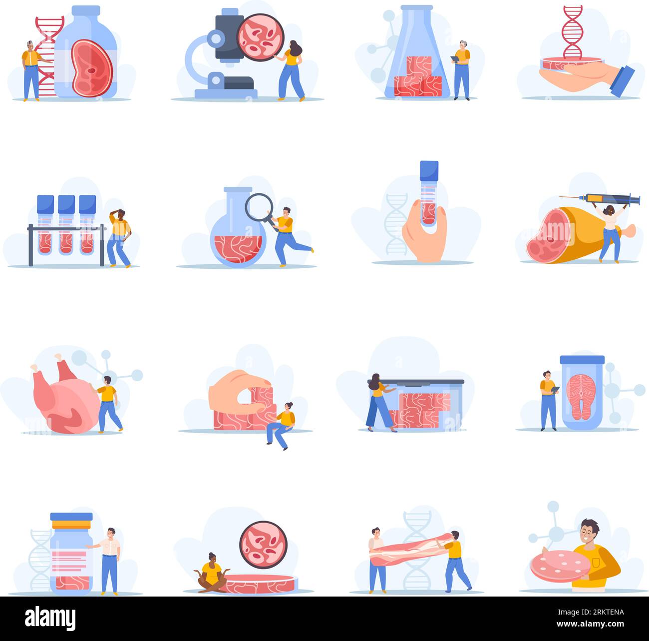 Artificial grown meat set of flat isolated icons with microscopes test tubes food and human characters vector illustration Stock Vector