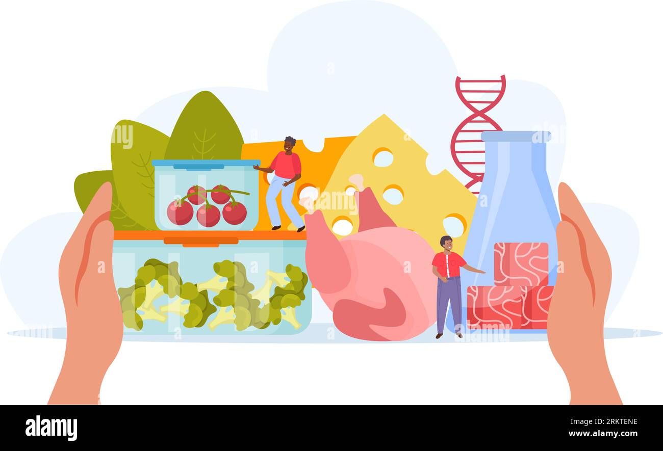 Artificial grown meat flat composition with doodle people and