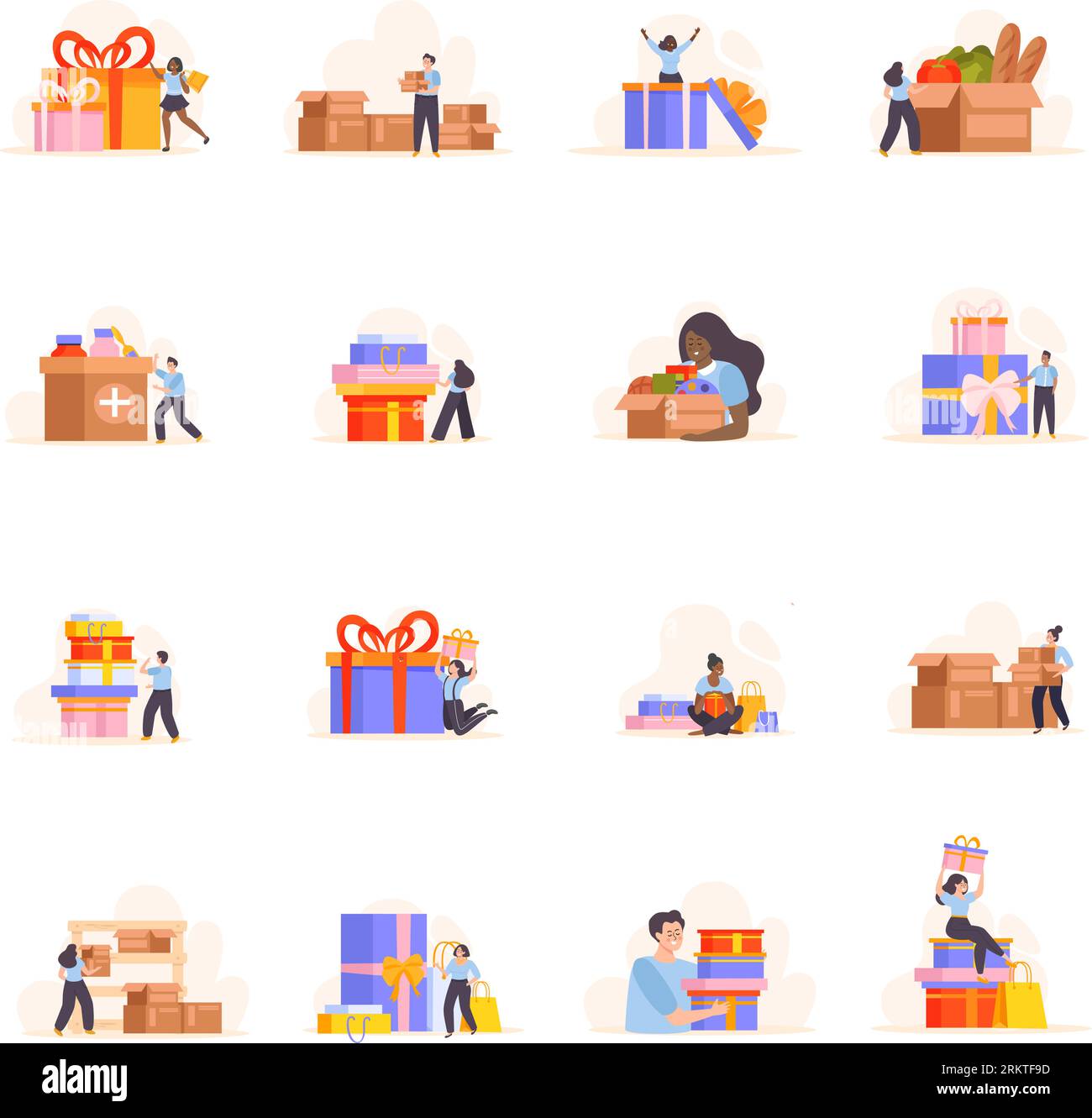 People with boxes set of flat isolated icons with doodle human ...