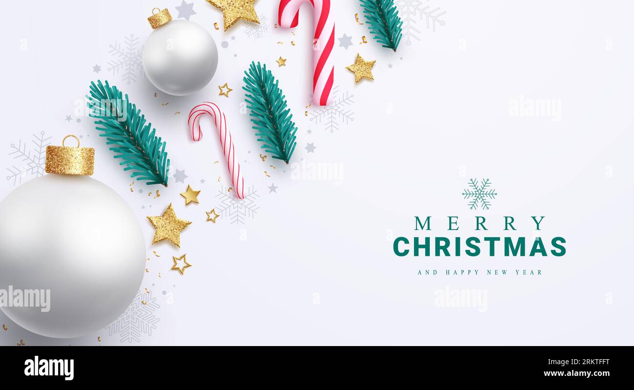 Merry christmas text vector design. Christmas greeting card in elegant white color with xmas elements and ornaments seasonal decoration. Vector Stock Vector