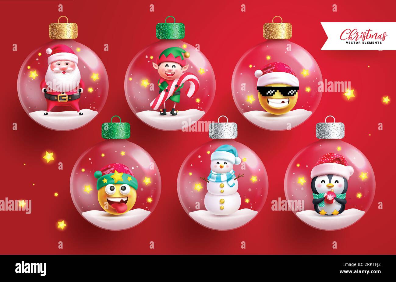 Christmas crystal balls vector set design. Christmas characters in glass balls, sphere, bauble transparent elements in magical red background. Vector Stock Vector