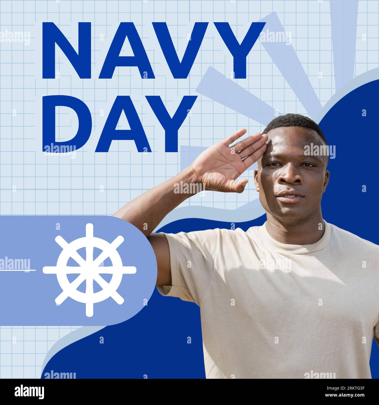 Composite of navy day text with steering wheel over african american army soldier saluting on grid Stock Photo