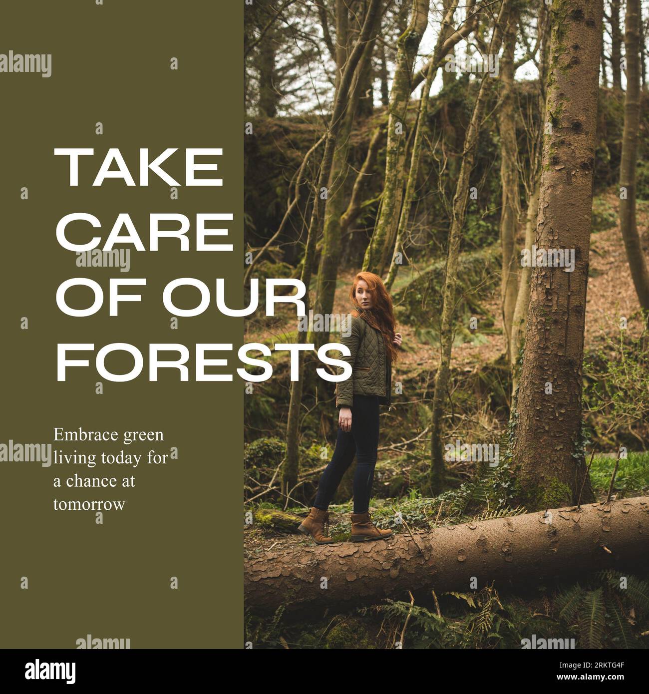 Composite of take care of our forests text over caucasian woman standing against trees in forest Stock Photo