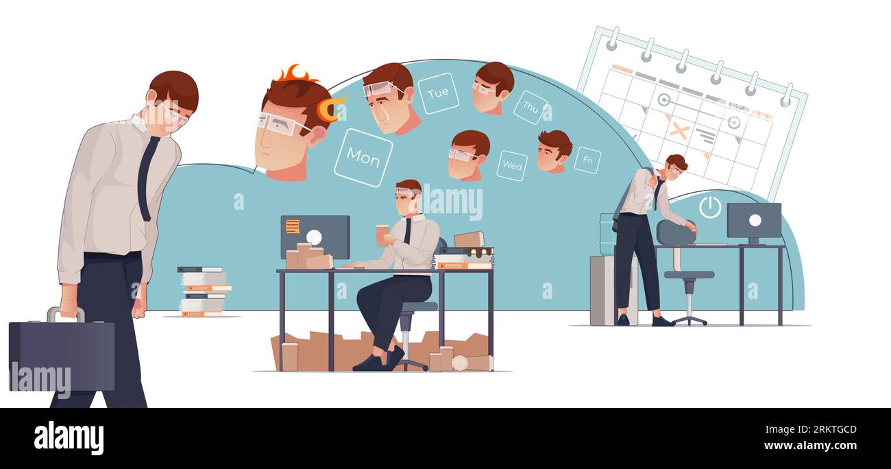 Work week flat concept with emotions of employee on workdays from monday till friday vector illustration Stock Vector