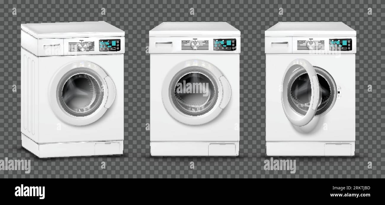 Realistic washing machine set with transparent background and isolated views of laundry machine with different angles vector illustration Stock Vector