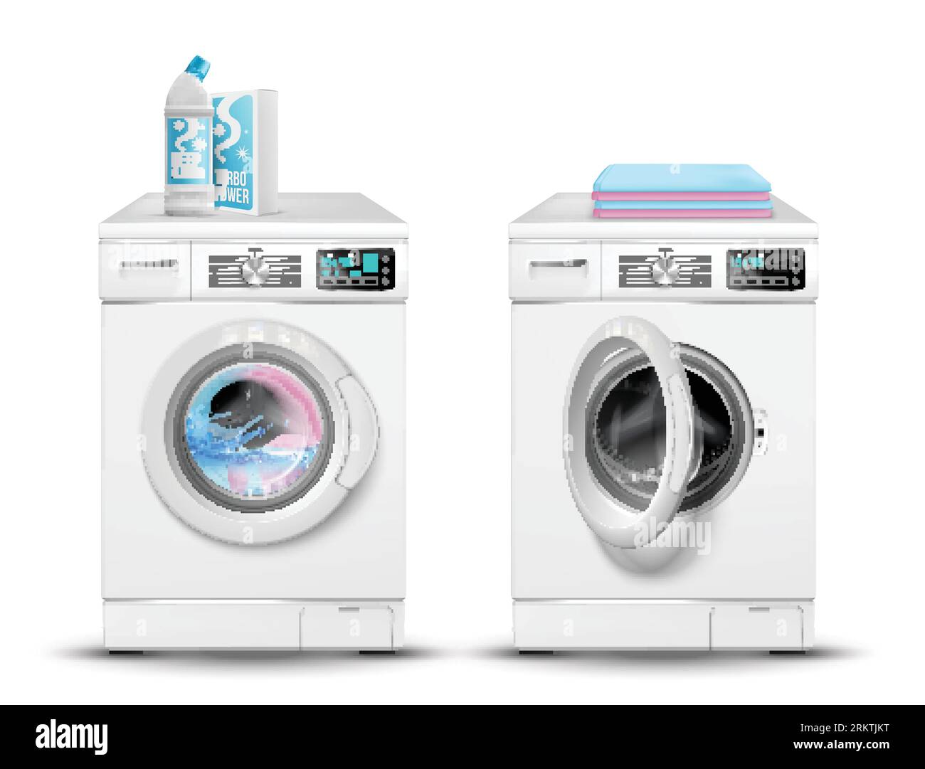 Realistic washing machine set with isolated images of working and standby laundry machines with cleaning detergents vector illustration Stock Vector