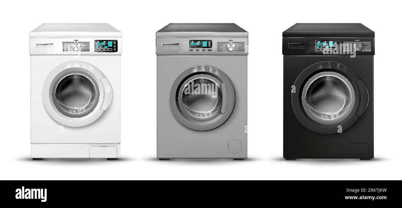 Realistic washing machine color set with three isolated images of white grey and black laundry machines vector illustration Stock Vector