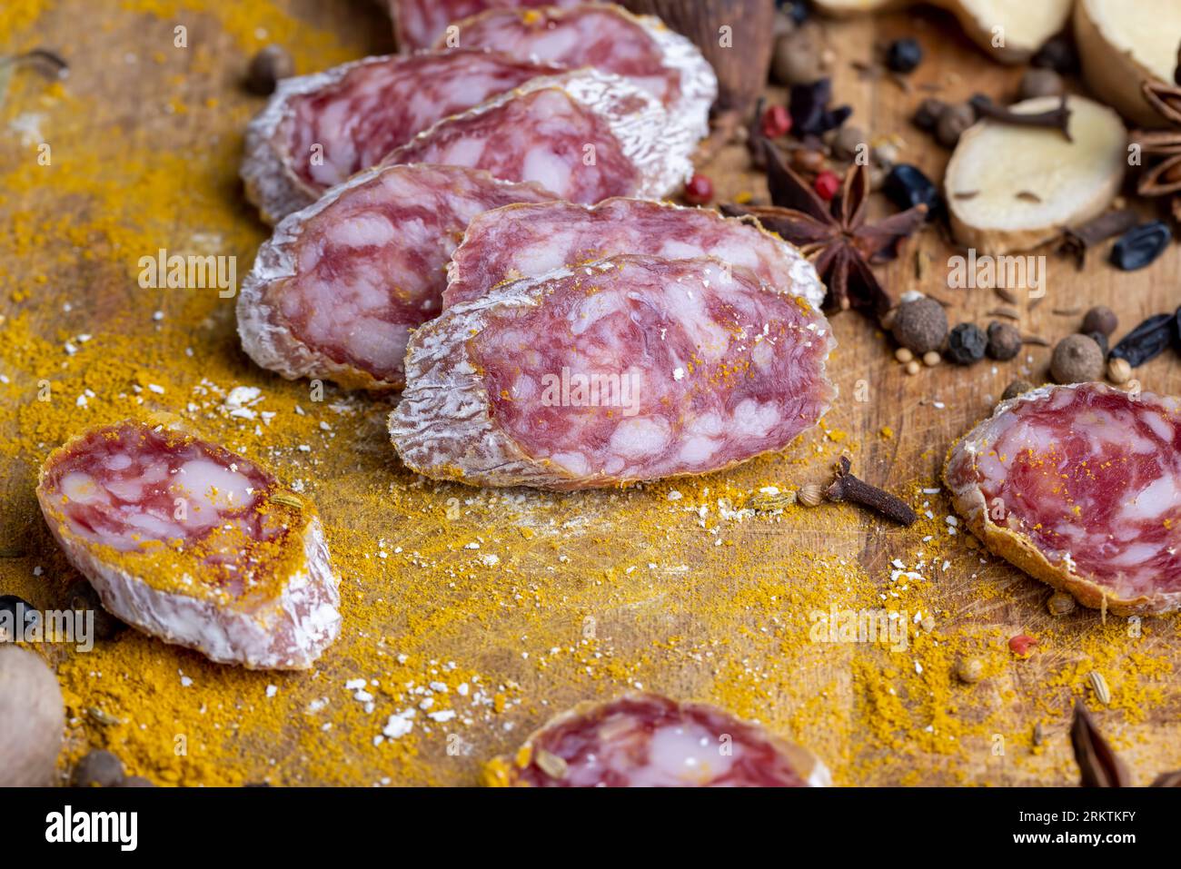 Dried veal sausage with white mold and spices, white mold on dry