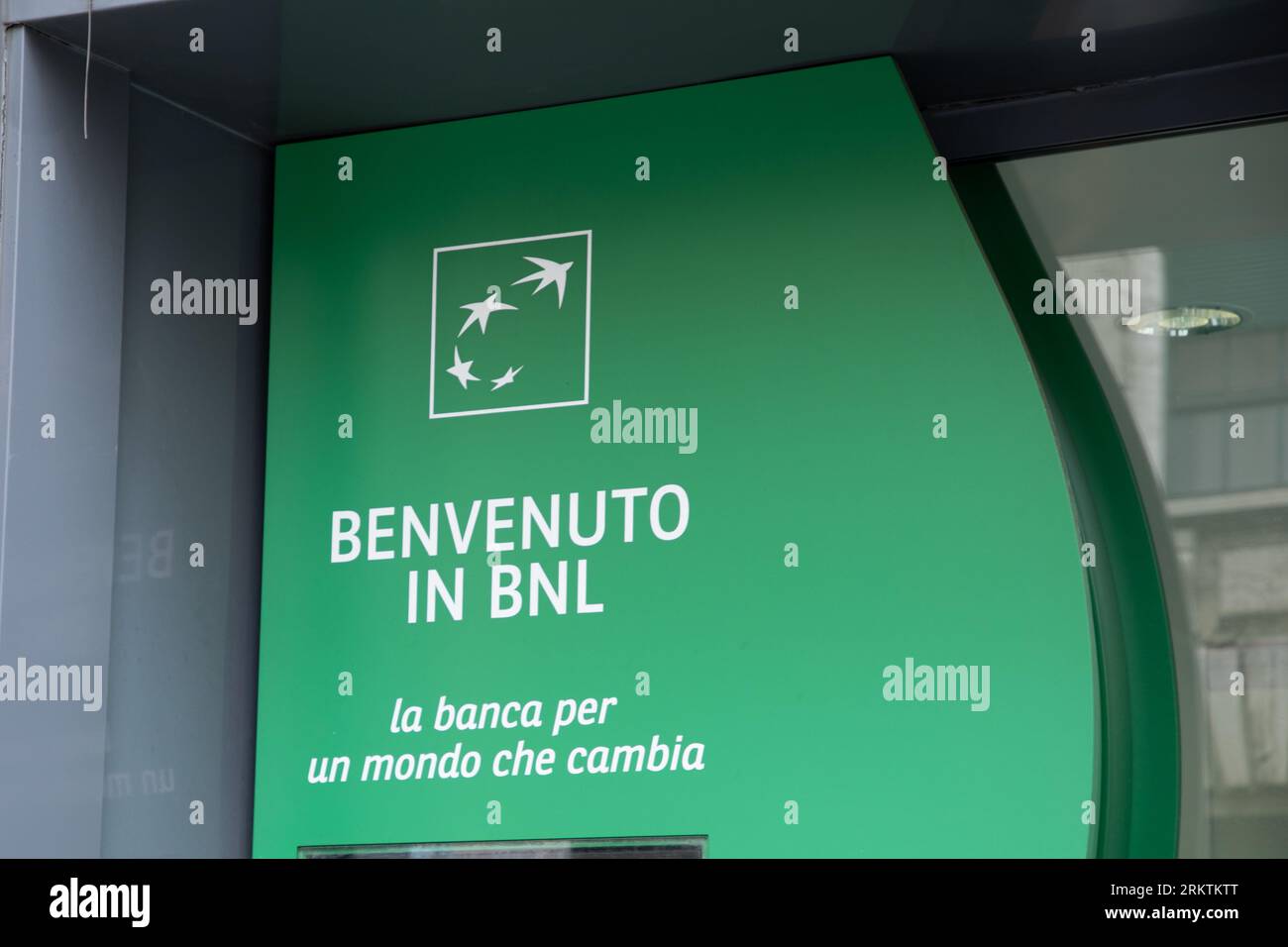 Milan , Italy 08 17 2023 Bnl gruppo bnp paribas logo brand and sign atm text of paris french