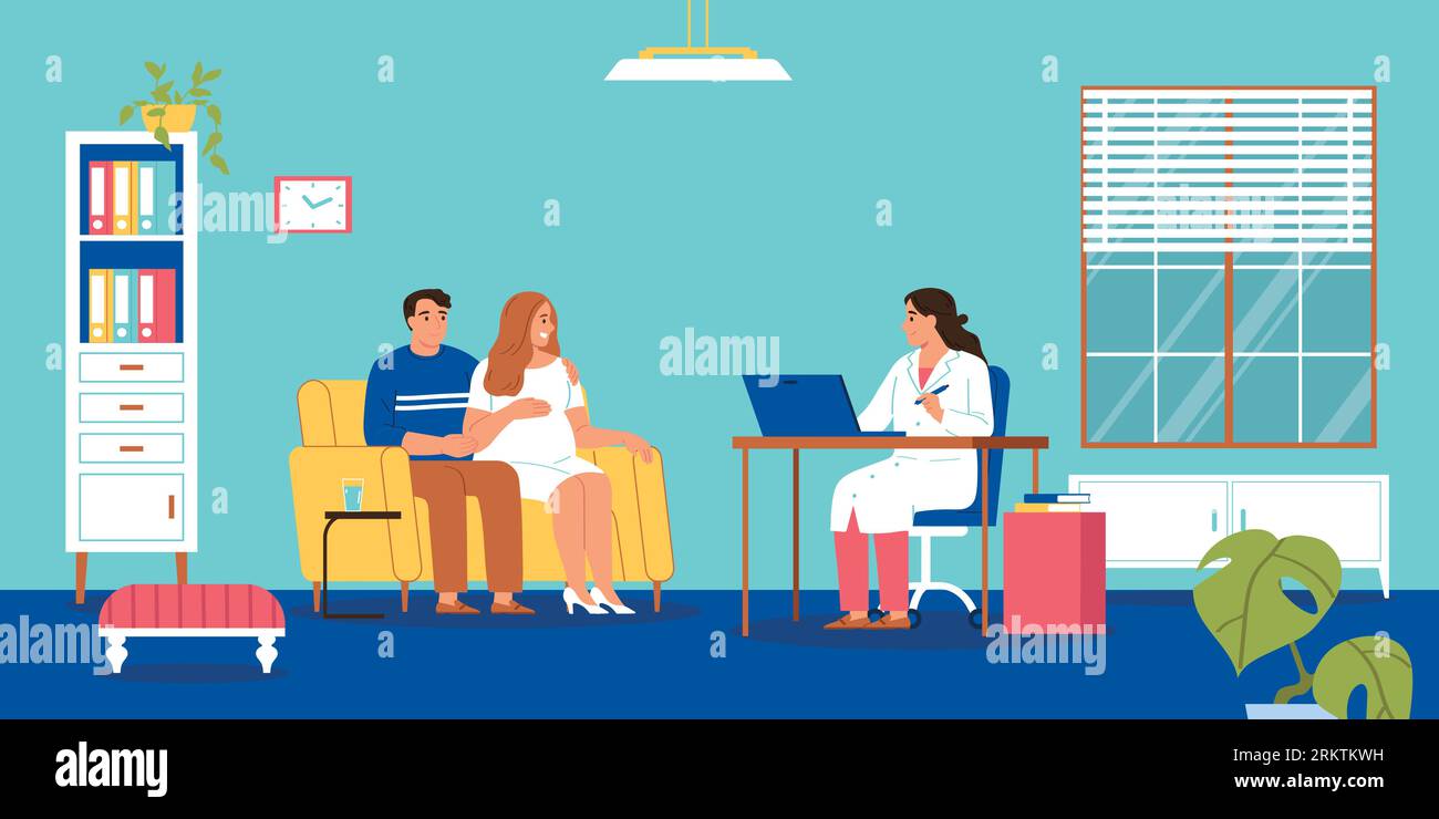 Family doctor composition with husband and pregnant wife having