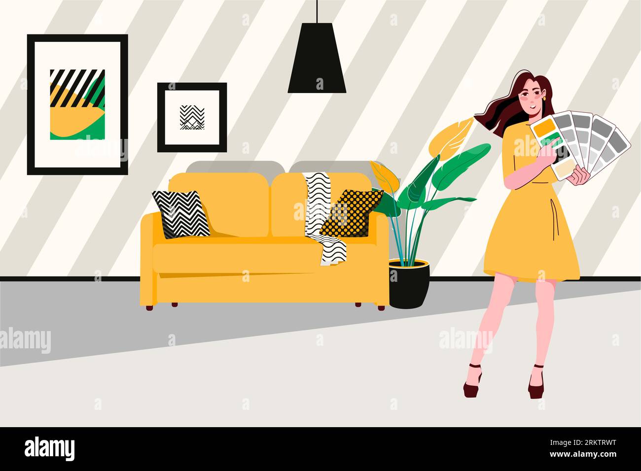 Young female interior designer working with color palette in living ...