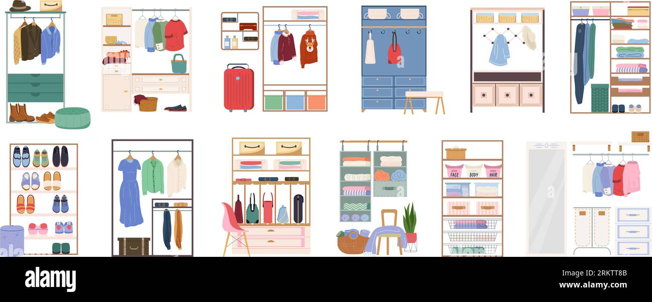 Walk in closet flat set of cloakroom with male and female garment hanging on hangers and footwear in cabinet  isolated vector illustration Stock Vector