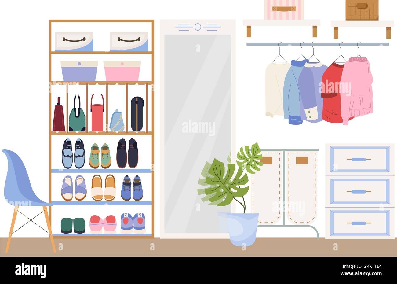 Walk in closet interior with hanging clothes shoes placed on shelves chair and home flower in pot flat vector illustration Stock Vector