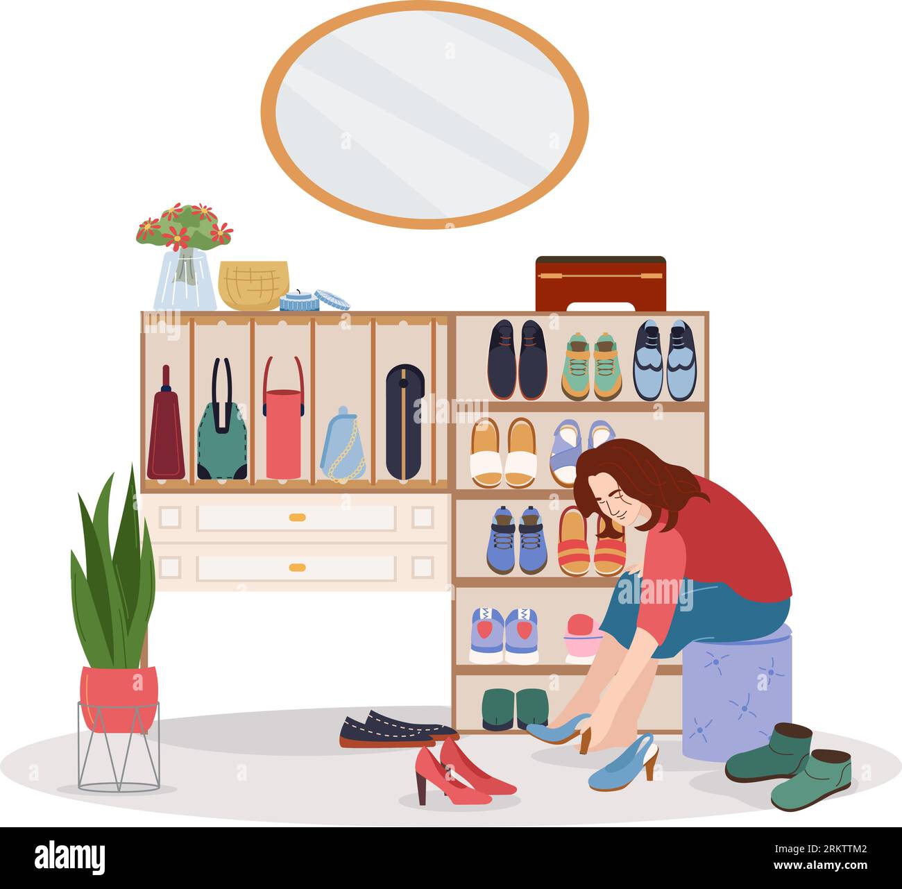 Walk in closet flat composition with woman choosing shoes in wardrobe vector illustration Stock Vector