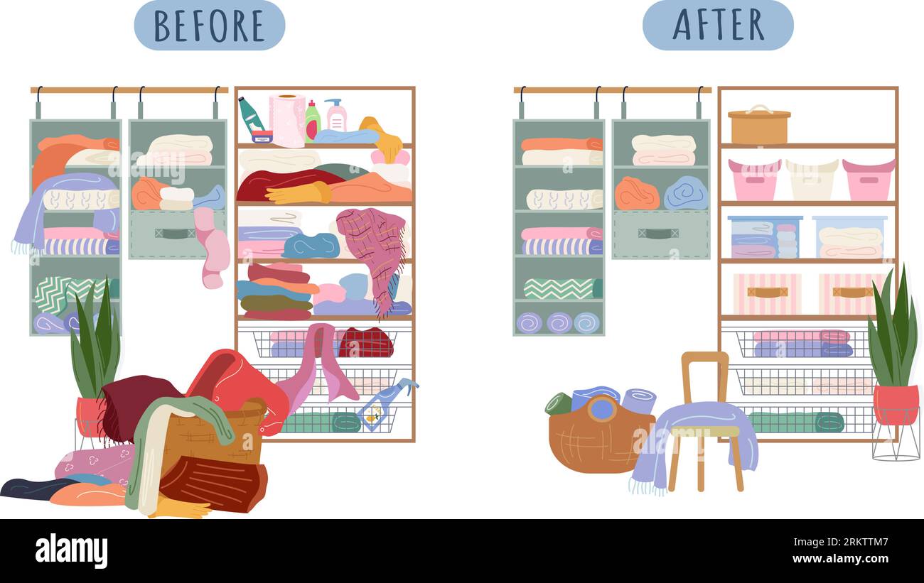 Walk in closet before and after ordering flat composition with scattered things and neatly arranged on shelves vector illustration Stock Vector