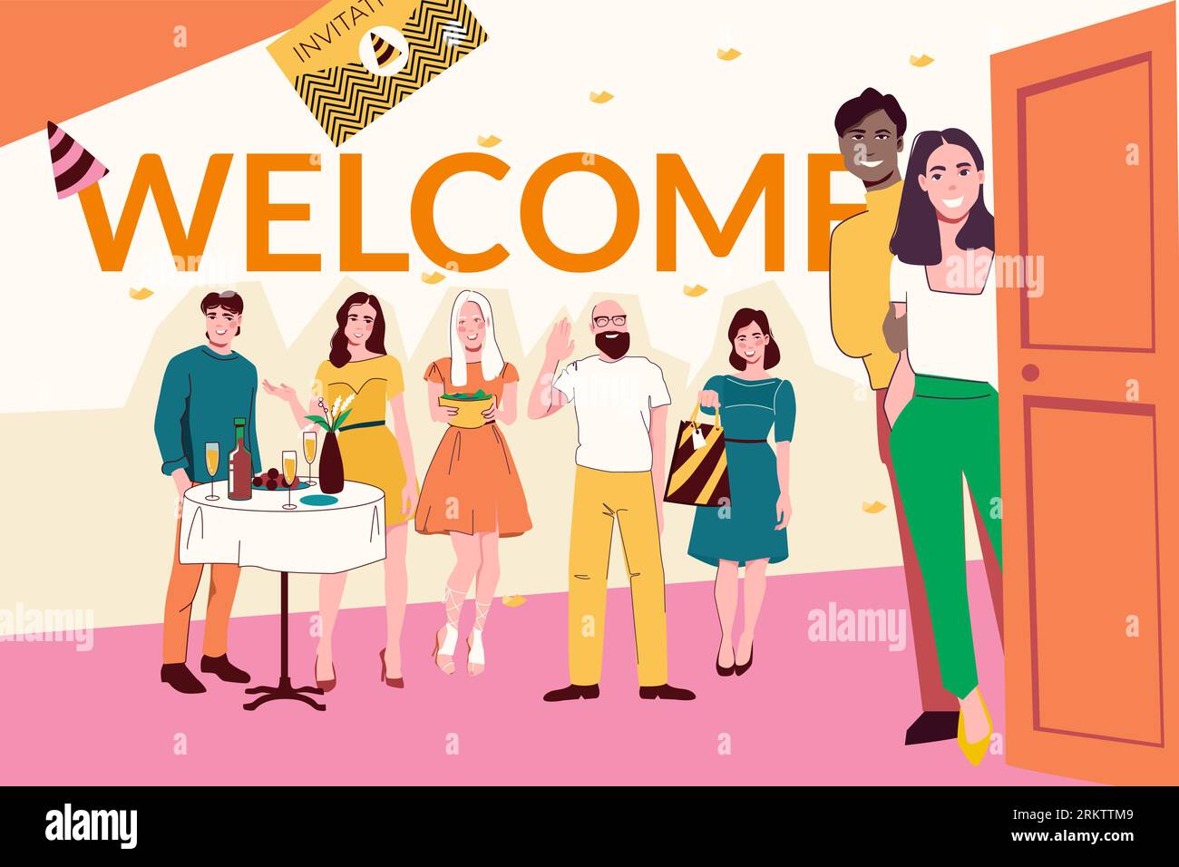 Flat style collage with happy male and female guests and