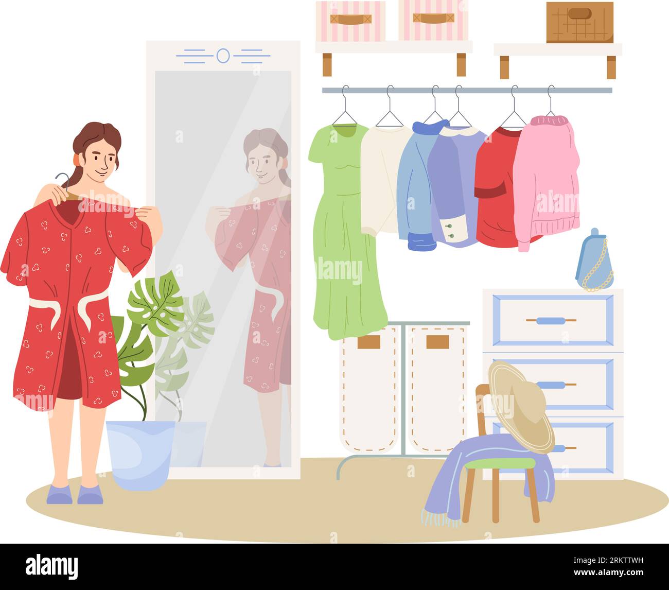 Home cloakroom flat composition with young girl trying on dress in front of mirror vector illustration Stock Vector