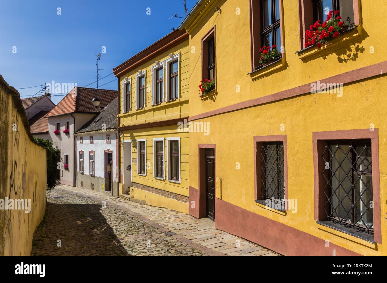 Colorful houses at a cobblestoned street in Znojmo, Czech Republic Stock Photo
