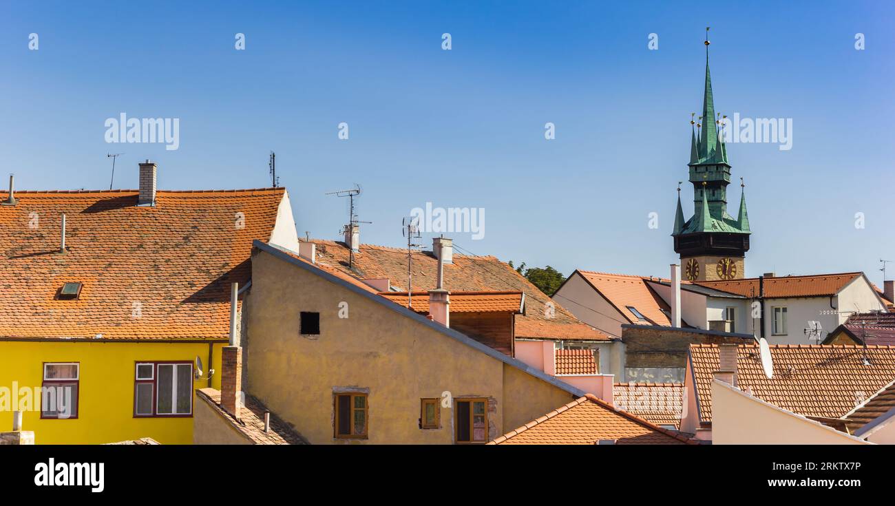 Town hall tower above rooftops in Znojmo, Czech Republic Stock Photo