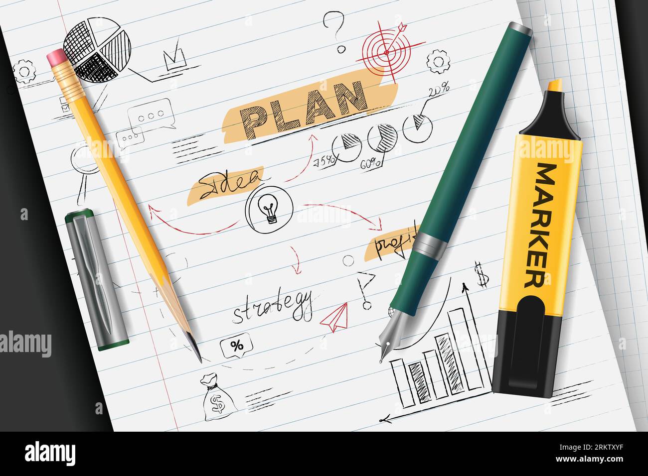 Business plan realistic background with notebook paper sheet with