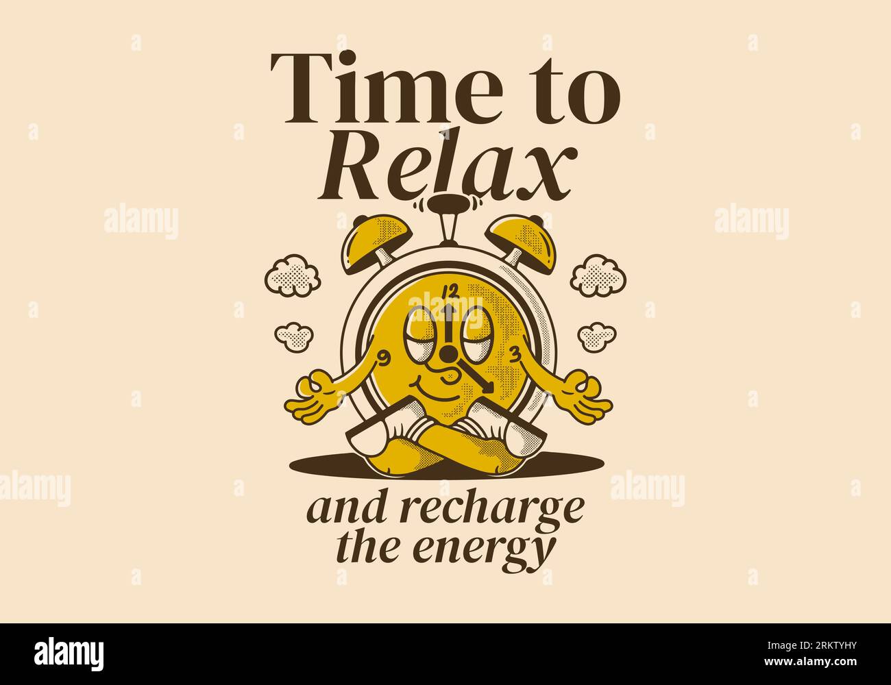 Time to relax and recharge energy, alarm clock mascot character in