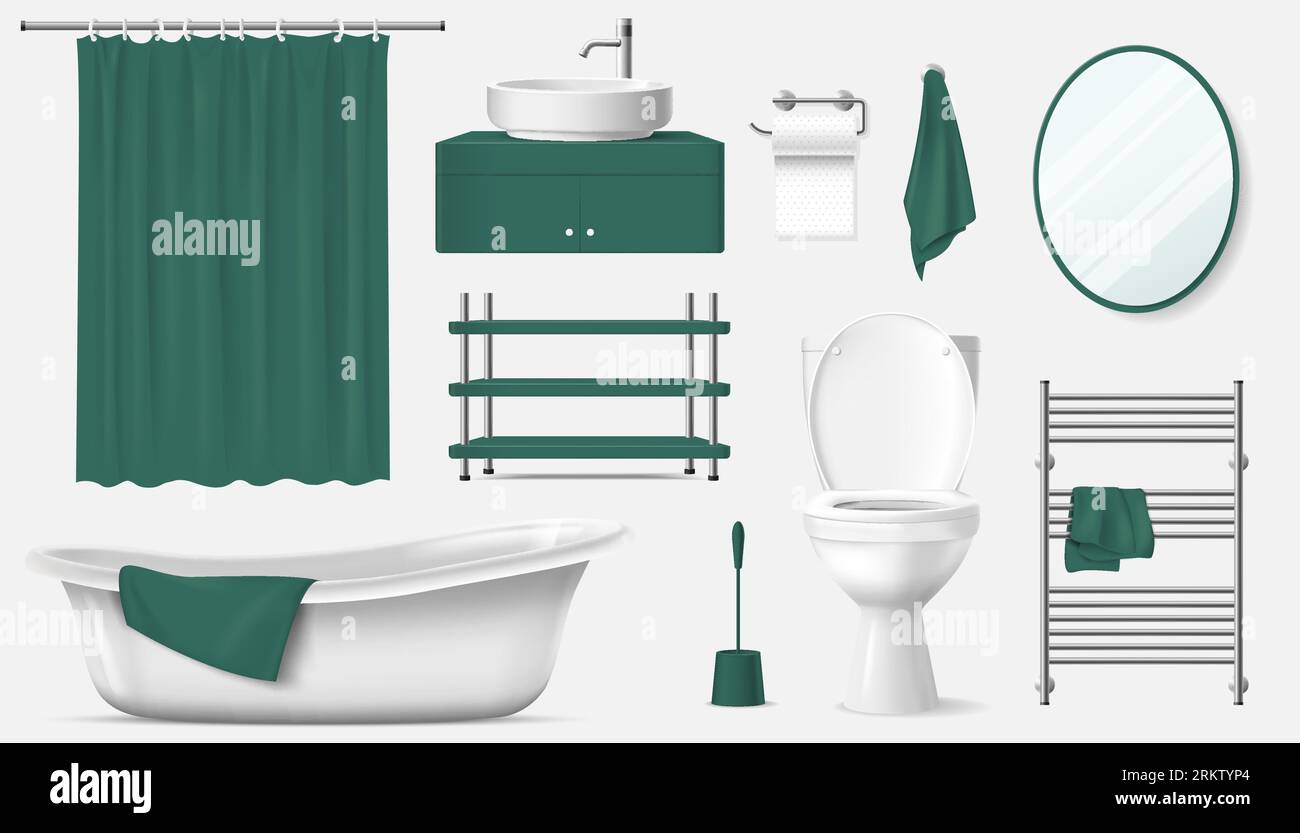 Bathroom interior elements realistic set of bath sink toilet bowl