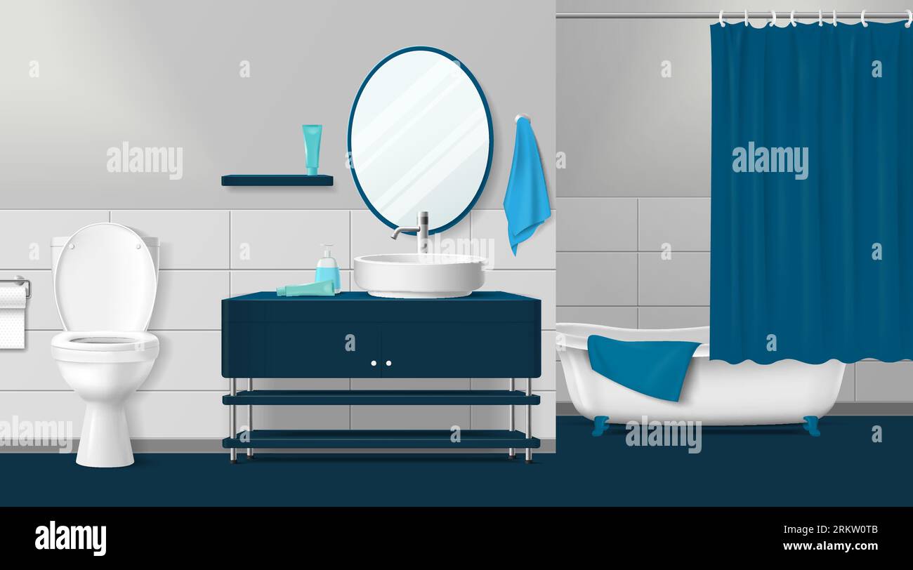 Modern bathroom interior in blue tones with white toilet bathtub wall ...