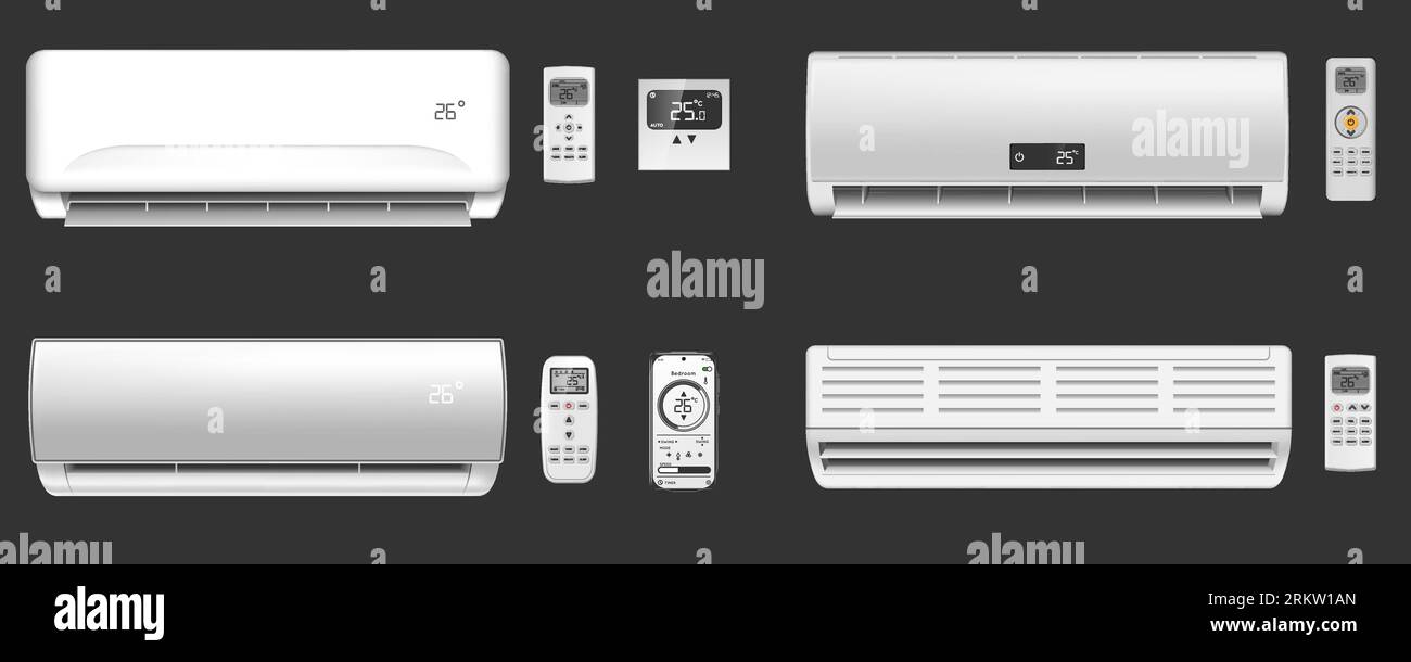 Realistic set of different modern air conditioners with remote controls