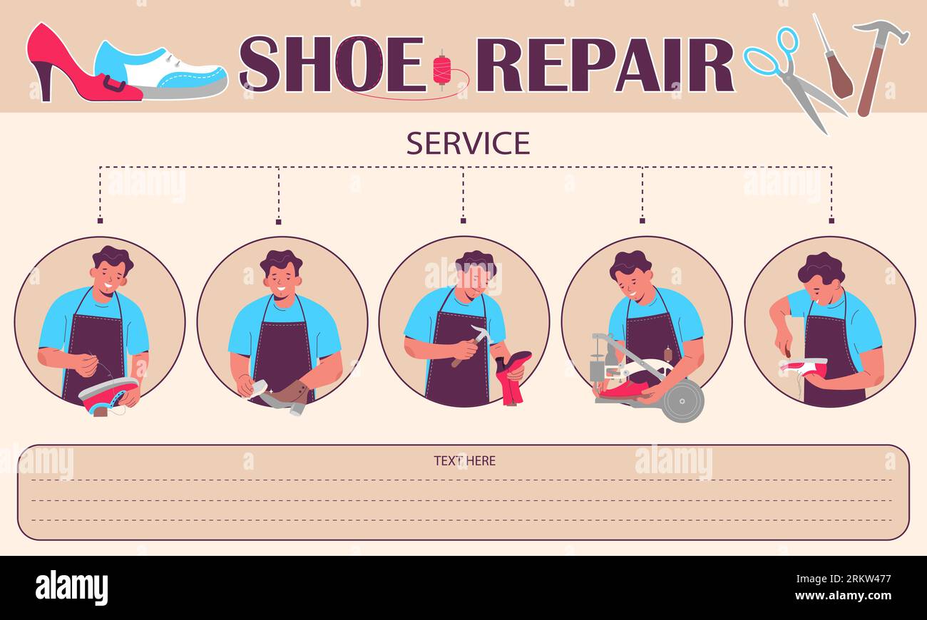 Shoe repair service flat infographic with text field and repairman mending and cleaning footwear vector illustration Stock Vector