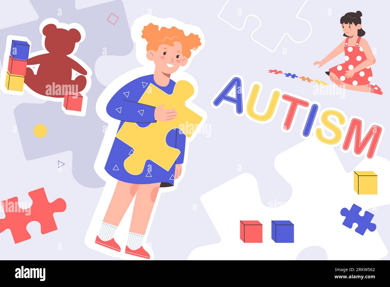 Autism flat collage with children and colorful puzzle pieces vector ...