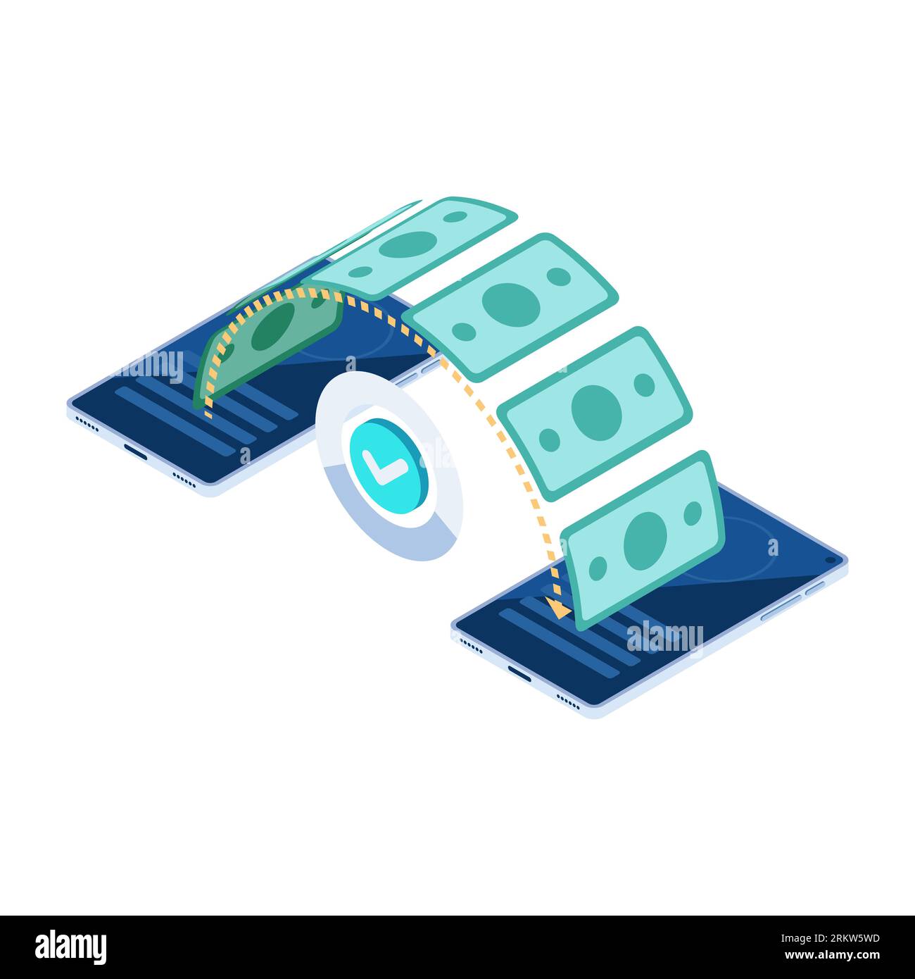 Flat 3d Isometric Two Smartphones Sending and Receiving Money. Money Transfer and Online Banking Concept. Stock Vector