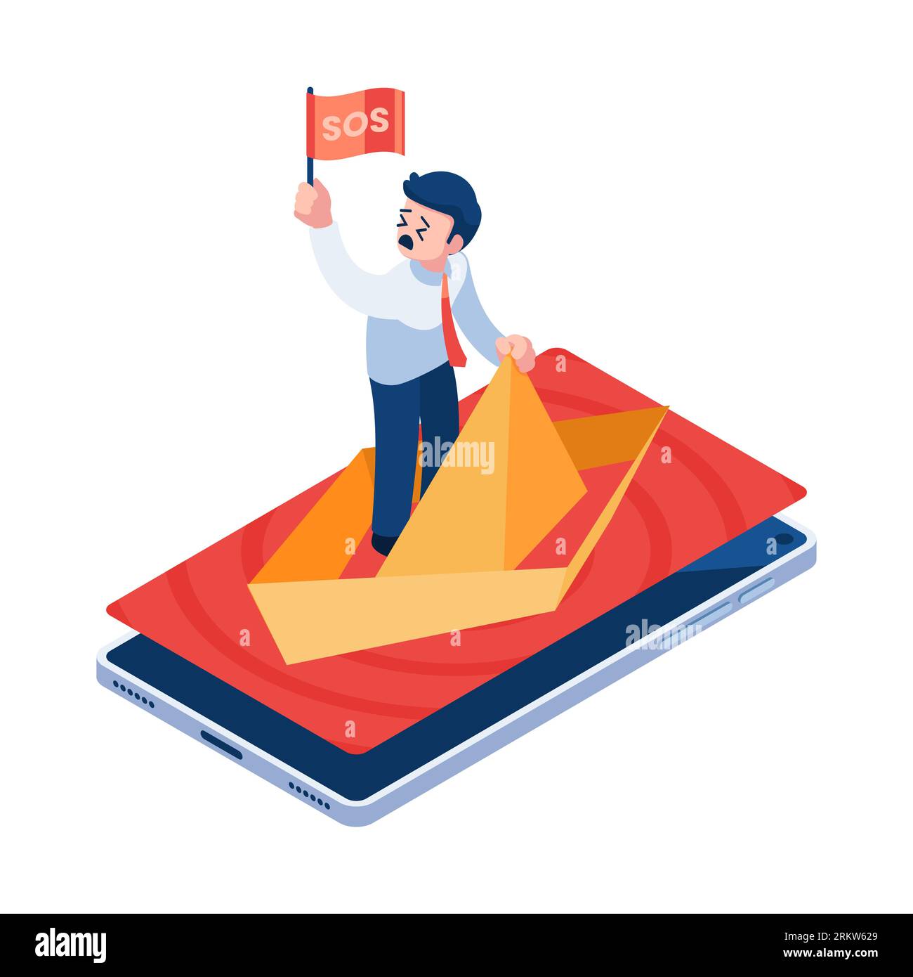 Flat 3d Isometric Businessman on Boat Sinking on Red Ocean Market. Red Ocean Marketing and Business Crisis Concept. Stock Vector