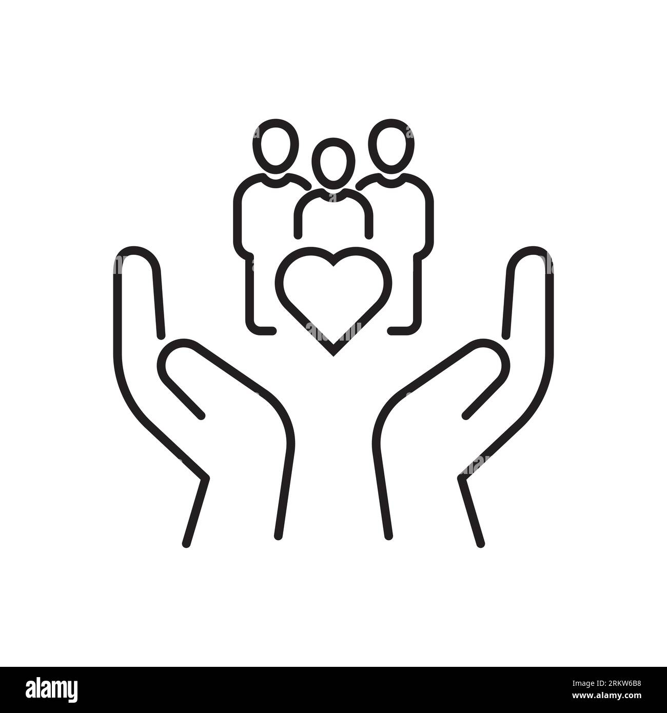 hand with heart community, icon, concept empathy or charity, solidarity love, care people, volunteer support, thin line symbol on white background - e Stock Vector